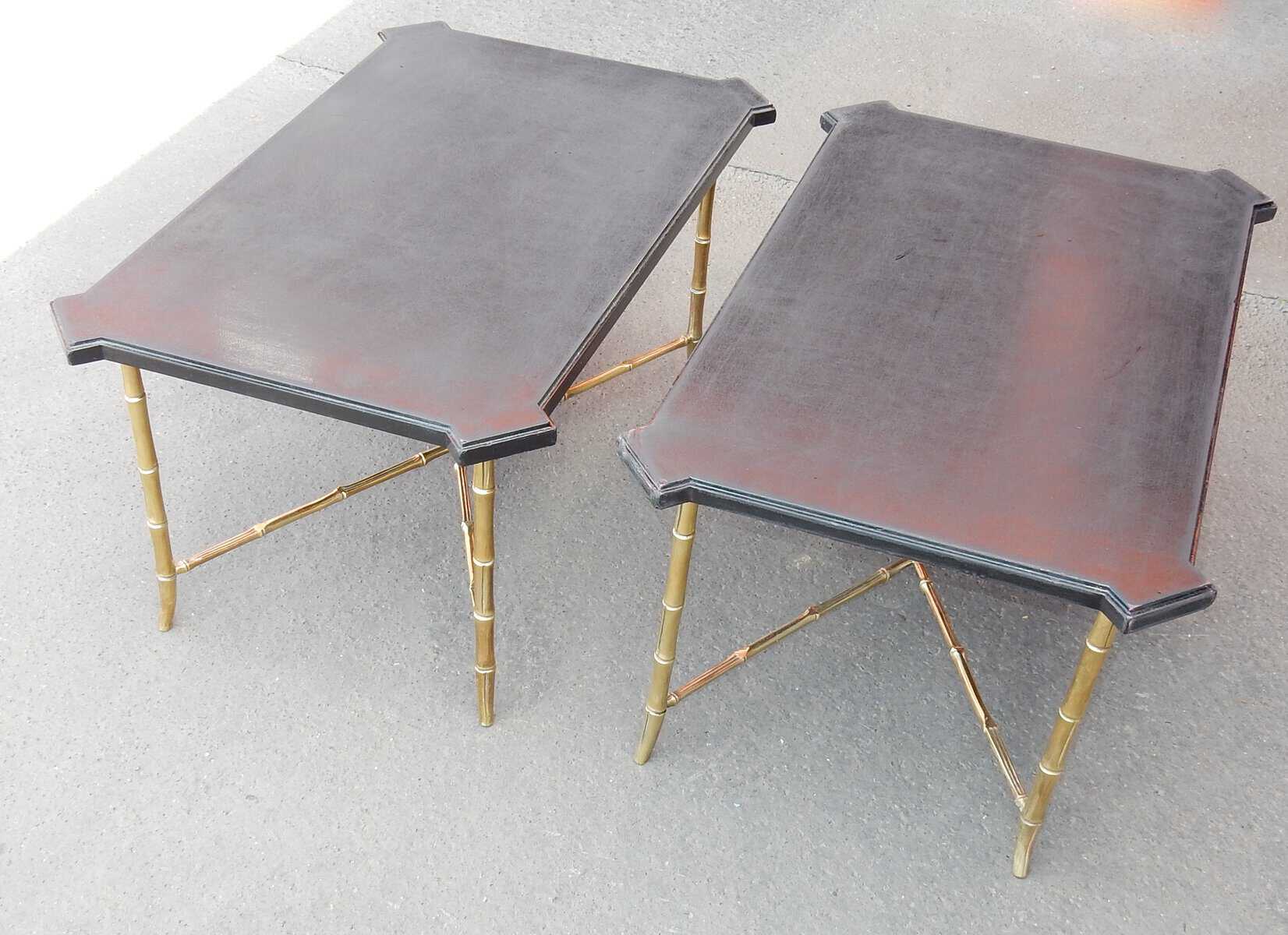 1950/70′ Paire de Bouts de Canapés Bronze Modèle Bambou Plateau Laque de Chine Style Maison Jansen – Image 6