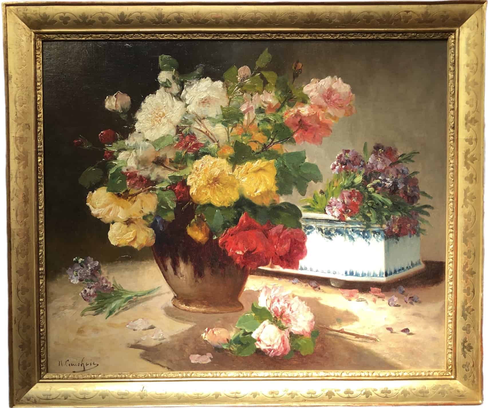 CAUCHOIX Eugène Bouquet de roses et sa jardinière huile sur toile signée Certificat d’authenticité – Image 7